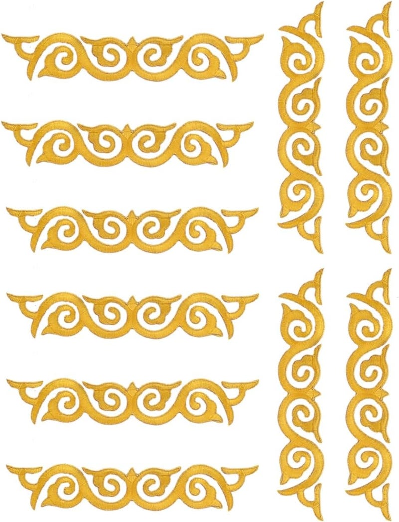 MSCFTFB 10 Pieces Swirl Embroidered Applique with Gold Trimming Scroll Iron on Patch Vine Border Lace Fringe Edge for Medieval Costume Wedding Dress Pillow Sewing Accessories (Yellow) - Image 1